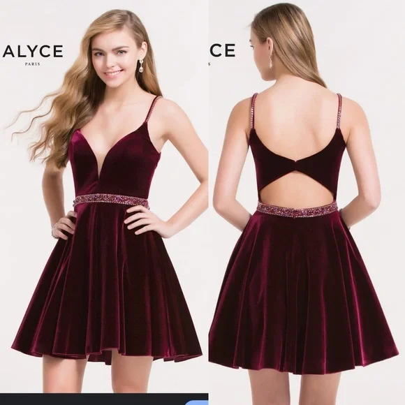 Alyce Paris Style #3712 Burgundy Velvet A-line Beaded Homecoming Formal Dress 8 - Picture 1 of 13